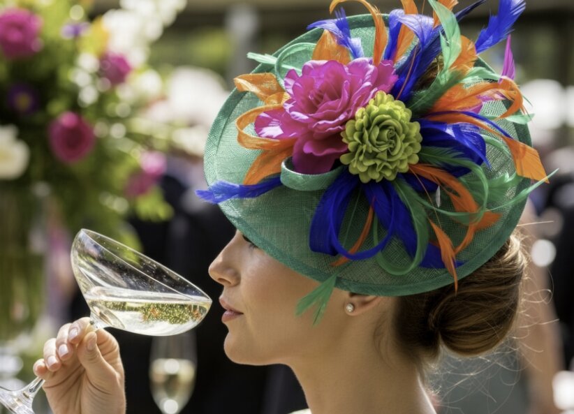 Guest in a green fascinator with colorful flowers and feathers holding a sparkling drink